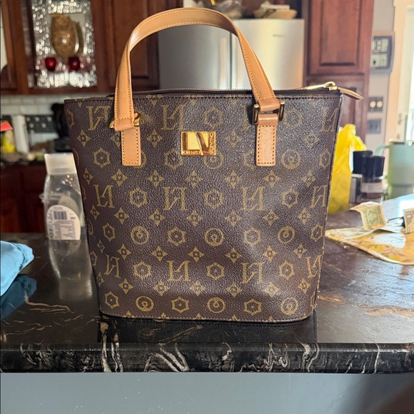 Valentino Handbags - Valentino Lorenzo Brown Monogram Tote Bag with Tan Handles